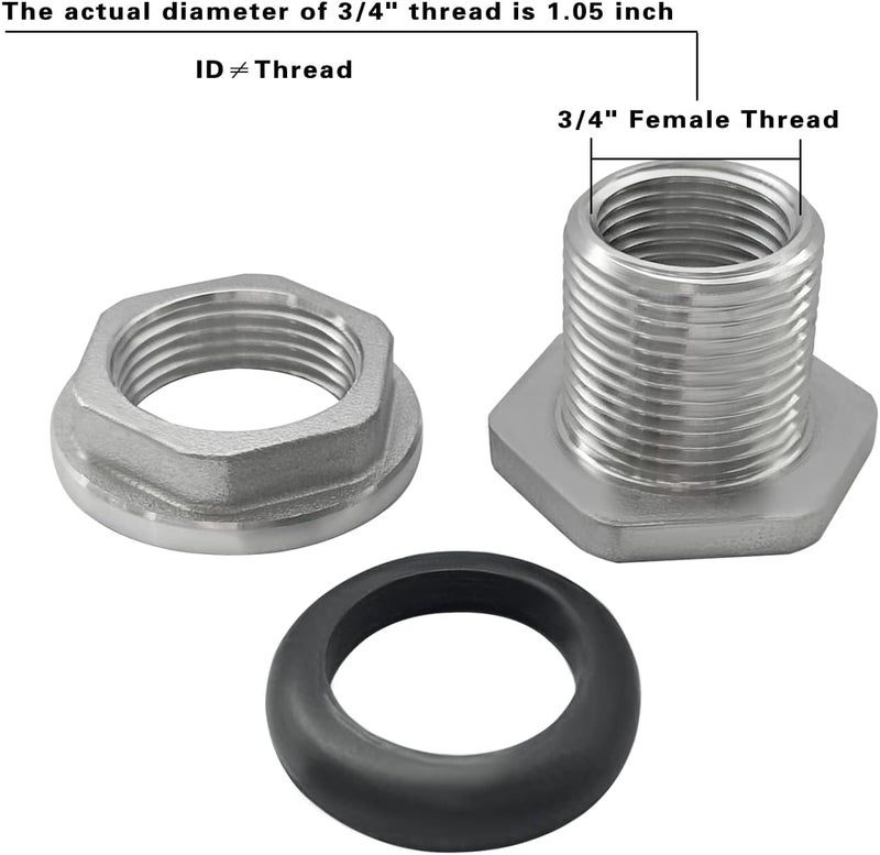 Fitvell 304 Stainless Steel Bulkhead Water Tank Fitting 3/4" Female Thread Compression Bulkhead Connector Thru-bulk Adapter with Gaskets for Bathtub and Sink (Pack of 2) - Image 3